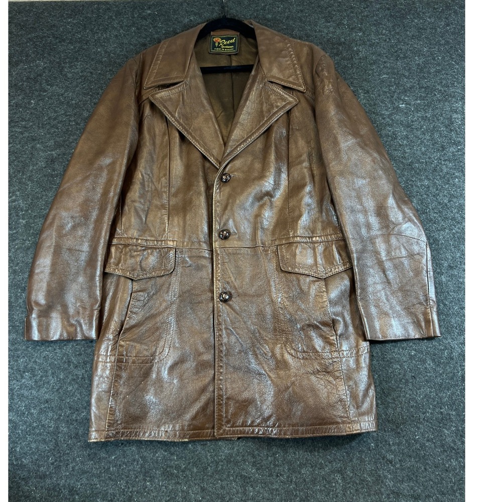 Vintage 60s Reed Sportswear Brown Leather Car Coat Mens 2XL 3 Button Jacket